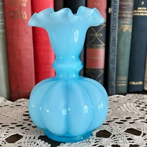 Vintage Fenton Blue Opaline Overlay Melon Vase Ruffled Crimped Rim 5”